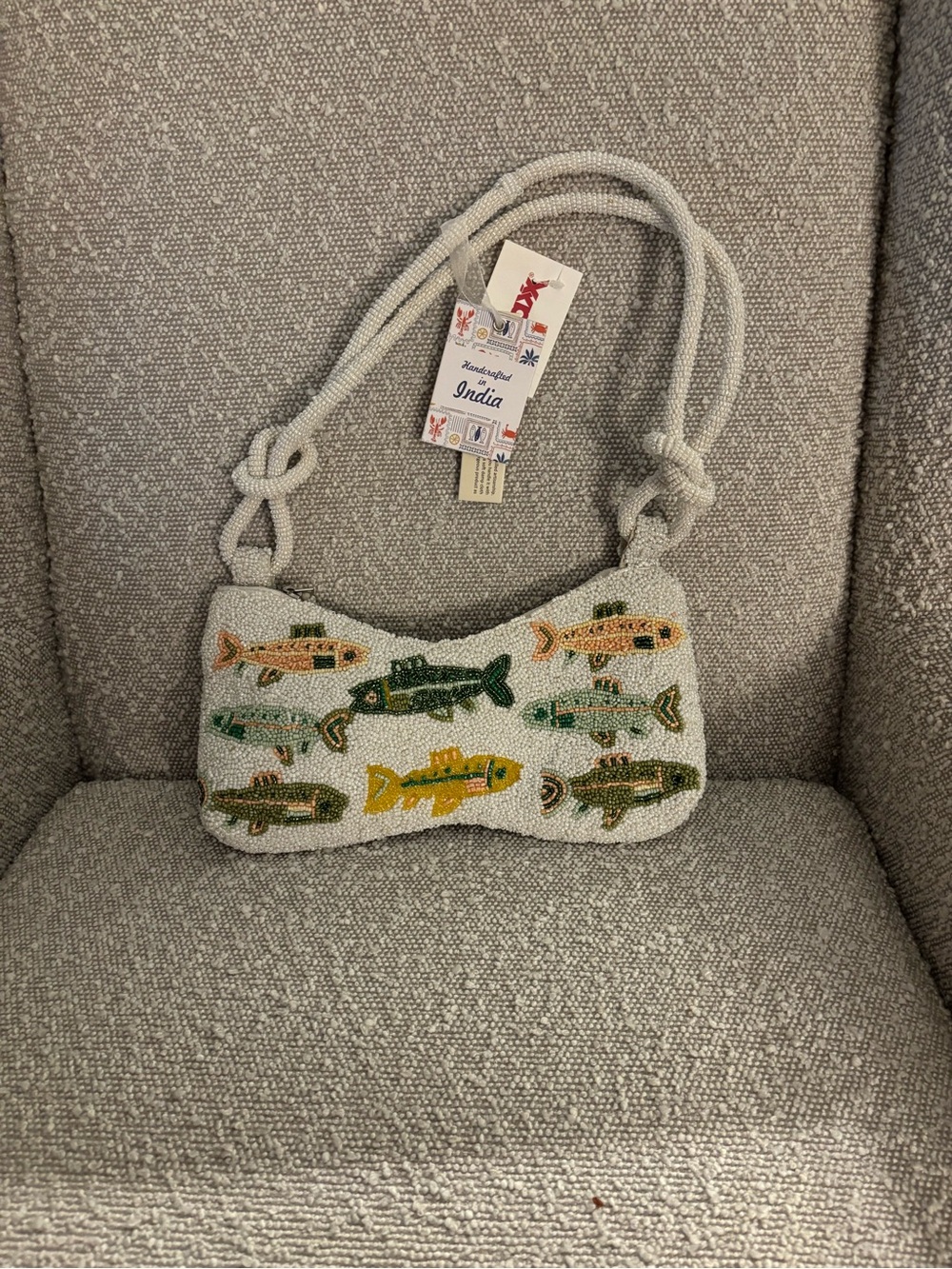 Beaded Fish Pattern Shoulder Bag - White with Green & Gold Fish